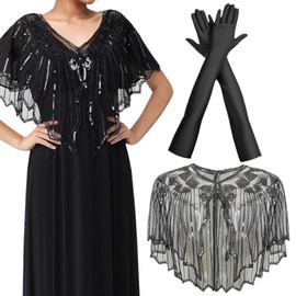 ZGCXRTO Pack of 2 1920s Retro Scarf Wraps with Gloves, 1920s Stole Scarf Women's Sequin Shawl Satin Classic Evening Gloves for Prom Party Wedding, b