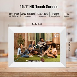 10.1 Inch WiFi Digital Picture Frame, 1280x800 IPS Touch Screen HD Display Smart Digital Frame Built in 32GB Memory, Auto-Rotate, Share Photos and Videos via Frameo app（White）