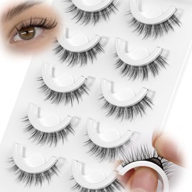 Self Adhesive Lashes False Eyelashes - Update More Stronger 12mm Natural Cat Eye Pre-glued Fake Lashes Press on Lashes Waterproof Gluess Wispy No Glue Needed Reusable Strip Lashes by EMEDA(8mm 6D43)