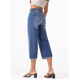 Sidefeel Women's Wide Leg Jeans High Waisted Stretchy Raw Hem Capri Pants Size 14 Blue