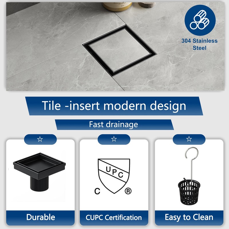 Neodrain 4-Inch Square Shower Drain with Removable Tile Insert Grate,Matte