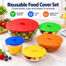 5-Piece Silicone Suction Lid Cover Set – Reusable Heat-Resistant Microwave Splatter Covers for Bowls, Plates, Pots & Food Storage