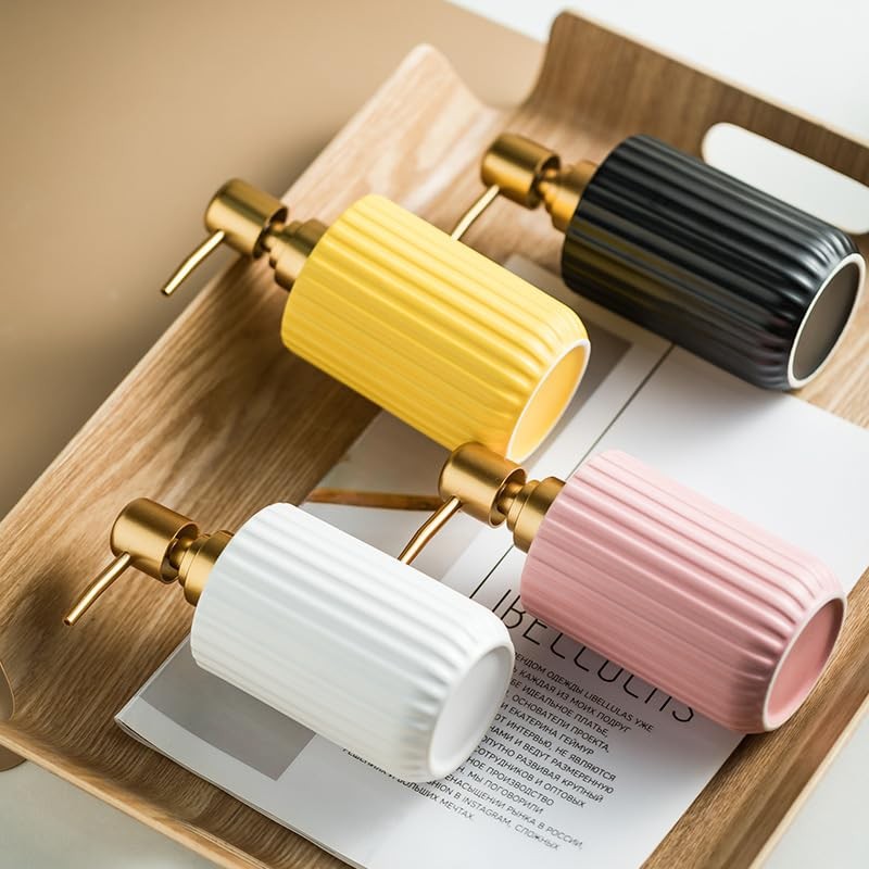 Chic Cylinder-Shaped Soap Dispenser, Vertical Stripe Design with Gold Pump,