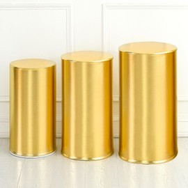 sourcing map Set of 3 Gold Cylinder Stand Covers for Metal White Cylinder Pedestals Stands, Spandex Pedestals Cover for Party, Wedding, Birthday, Only Cover, Small