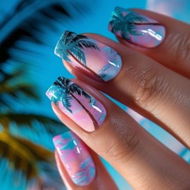 Medium Press on Nails Square Fake Nails Cute Pink Blue Gradient False Nails Stick on Nails Spring Summer Glue on Nails Palm Designs Glossy Acrylic Artificial Nails for Women Girls 24Pcs