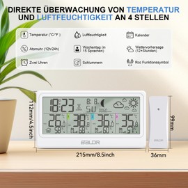 Wireless Weather Station with 3 Outdoor Sensors, Indoor and Outdoor Thermometer, Hygrometer, Barometer, Digital Wireless Weather Station with 8.5 Inch LCD Display, Weather Forecast, Moon Phase, Alarm