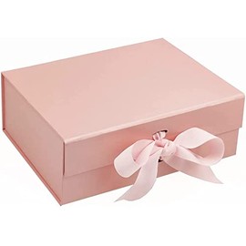 WeforU Gift Box Magnetic Flat Pack with Ribbon for Weddings Birthday Bridesmaid Proposal and Baby Bridal Shower Valentine's Present Gifts (9.05x 6.69x 2.75 inch) (Pink)