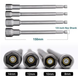 Saipor 4-Piece Magnetic Hex Socket Set with 6.35 mm Hex Shank, 150 mm Length Metric Quick Change Socket Wrench, Long Shank Nut Driver Nut Setter Drill (H8/10/12/14 mm)