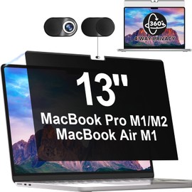 360° Magnetic Privacy Screen for Macbook Pro 13 Inch (2016-2022, M1, M2) & Air 13 inch (2018-2021, M1), Removable Anti Glare Blue Light Filter, 4 Way Anti Spy Black Protector for Mac 13In Laptop