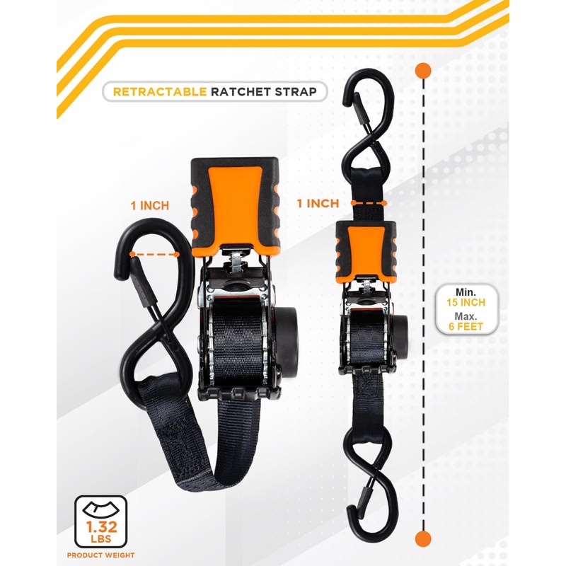 Strapinno 4pcs Retractable Ratchet Straps Bundle 1 in x 6