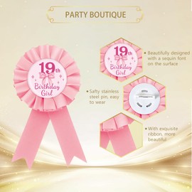 Pink Bow It's My 19th Birthday Tinplate Badge Pin, Pink Rosette 19th Birthday Girl Button Pin, Coquette Bow Nineteen Award Ribbon Brooch Party Supplies