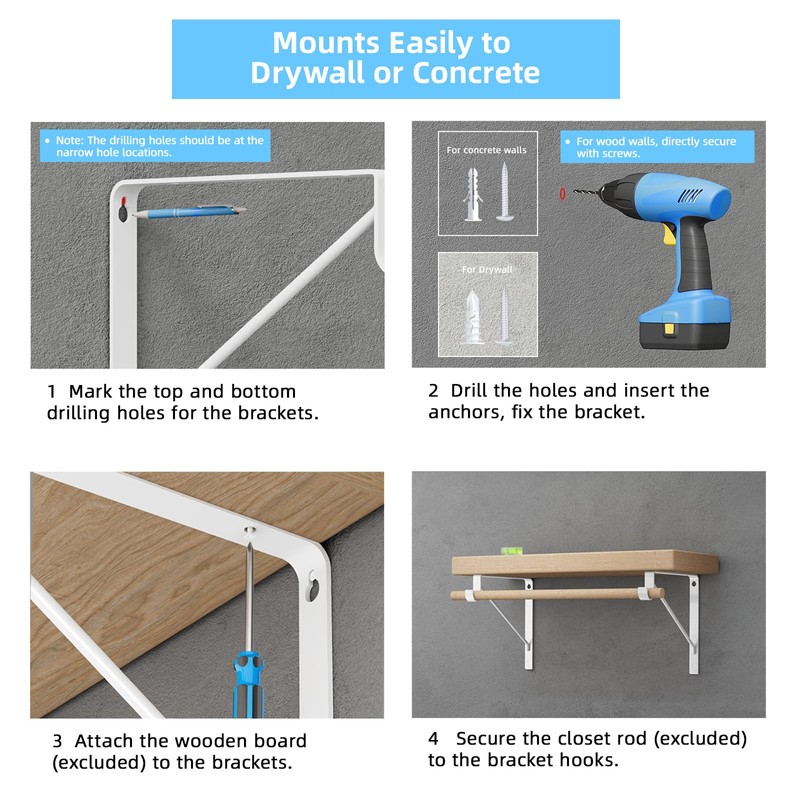 10-Pack Closet Rod Bracket, 10.8x10.8Inch Closet Shelf Brackets Heavy Duty