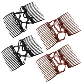 HIXNUG 4pcs Plastic Double Hair Combs Elastic Comb Hair Clip Magic Elastic Hair Slides for Women Thick Curly Thin Hair (Black, Brown)