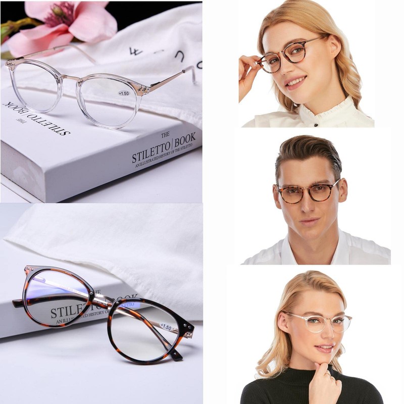 DOOViC Lesebrille Metall Damen 3,0 Blaulichtfilter Durchsichtiger Rund Computerbrille mit