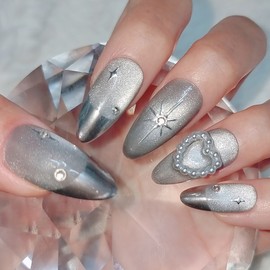 Silver Heart Office Handmade Nail Tips Iron Nails - Short Square / 실버하트 오피스 수제네일팁 쇠맛네일 - 숏스퀘어