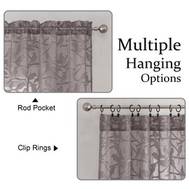 OVZME Anji Bird 2 Panels Sheer Kitchen Valances for Windows 14 Inches Long, Classic Rod Pocket Light Filtering Semi Brown Sheer Curtains for Bedroom Basement Short Window, 38Wx14L Inches