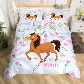 Girls Horse Bedding Set Twin Kids Cartoon Farmhorse Floral Comforter Cover for Toddler Baby Girl Pink Blue Stripe Duvet Cover Breathable Spirit Horse Animal Bedspread Cover Room Decor Quilt Cover