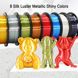 DO3D 1.75mm Silk PLA 3D Printer Filament Bundle, 8 Silk Shiny Colors: Gold/Silver/Copper/Bronze/Black/White/Red/Blue, Each Spool 250g, 8 Spools, Total 2Kg 3D Printing Material, 250g x 8 Spools