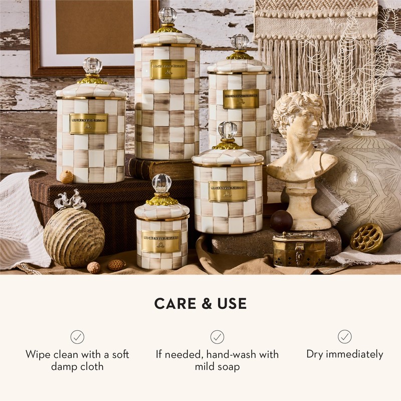 MACKENZIE-CHILDS Demi Enamel Canister, Kitchen Storage Container with Lid, Brown-and-White
