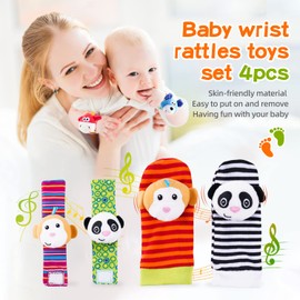 Koty Baby Wrist Rattles Foot Finder Toys Set, Toddler Rattle Sock, Arm Hand Bracelet, Feet Leg Ankle Socks, Gift for Newborn Infant Babies Boy Girl Bebe(Monkey & Panda)