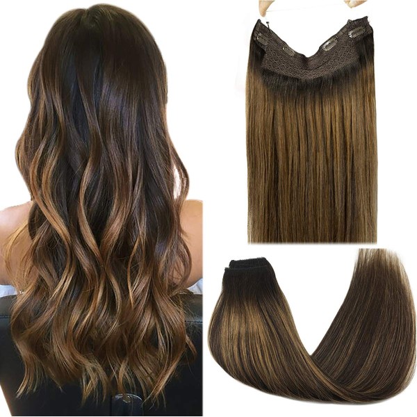 GOO GOO Hair Extensions 80g Halo Hair Extensions Ombre Dark Brown to Chestnut Brown 16 Inch Remy Human Hair Extensions Straight Flip in Invisible Hairpiece Hidden Crown Wire Extensions Natural