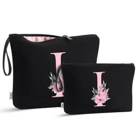 Vavabox 2 Pcs Initial Toiletry Bags Set,Birthday Gifts for Women,Travel Portable Toiletry Bag with Handle (I, Black)