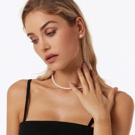 HERIER Pearl Necklace and Earring Set for Women White Round Faux Pearl Necklace Earrings Wedding Bride Jewelry for Women