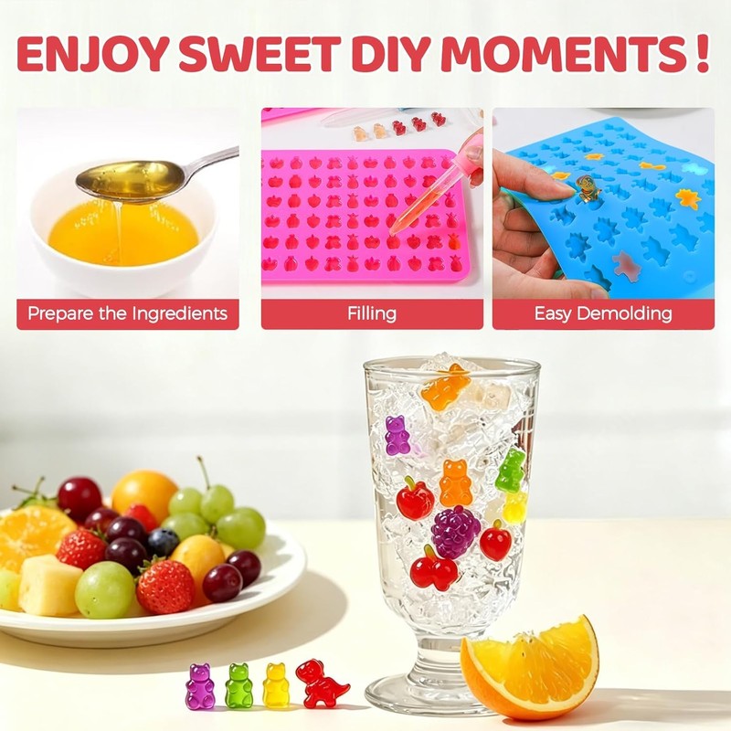 Gummy Candy Molds with 2pcs Droppers, Silicone Bear Dinosaur Fruit