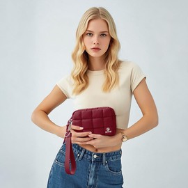 DOYOGI Quilted Cosmetic Bag, Puffer Makeup Bags, Crossbody Purses for women,Cute Travel Toiletry Bag for Women (Wine Red)