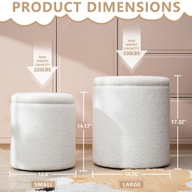 oakvivo Round Ottoman Foot Stool with Storage Set of 2, Storage Ottoman with Removable Lid, Soft Teddy Velvet Upholstered Footstool, Vanity Stool for Makeup, Foot Rest for Living Room, Bedroom, White