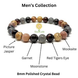 Men's Crystal Bead Stretch Bracelet - Crystal Power Bead Bracelet - Quality Gemstones - Red Tigers Eye, Moonstone, Garnet, Picture Jasper, Mookaite - Soul Cafe Gift Box and Information Tag