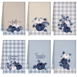 Peryiter 6 Pcs Blue Vintage Pumpkin Kitchen Towels Maple Leaf Decorative Hand Towels Autumn Harvest Seasonal Farmhouse Dishcloth for Fall Farmhouse Kitchen Dining Indoor Home Party Decorations