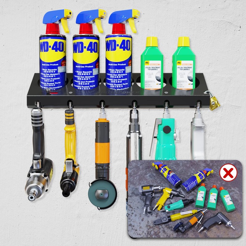UNITEDPOWER Pneumatic Tool Holder Lockable/Aerosol Rack Combo, Wall Mounted Spray