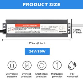 LED Transformer 24V 80W 3.33A, LED Power Supply Driver Waterproof IP67, LED Transformer, LED Driver 110/220V AC50/60HZ, Outdoor Transformer Constant Voltage for LED Lighting