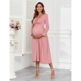 AISWI 2024 Maternity Tie Front Ruched Nursing Dress A Line Long Sleeve V Neck Swing Pregnancy Maxi Dresses, Dusty Pink, Large