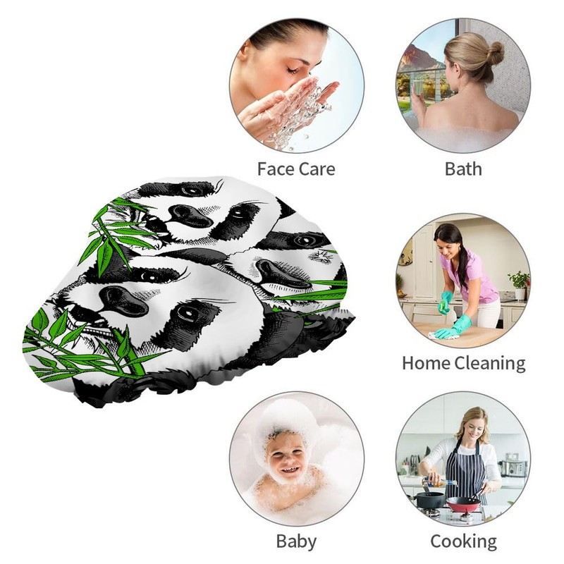 Hcopask Double Waterproof Shower Cap Cute Panda Eating Branch Aniaml