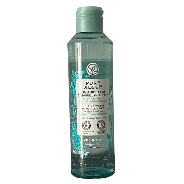 Yves Rocher PURE ALGUE 2-in-1 Micellar Water with Micro-Algae, Gently Removes Makeup and Nourishes the Skin, 1 x 200 ml Bottle