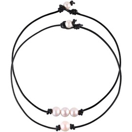MauSong 2 Pieces Single Freshwater Pearl Necklace and 3 Freshwater Pearl Beads Choker on Black Leather Cord for Women