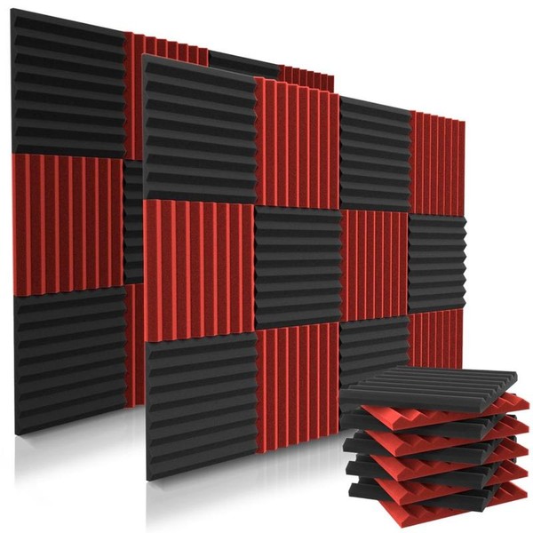 24-48 Pack Red&Black Acoustic Foam Panels Set, 1" x 12"