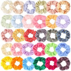 Crowye 30 Pcs Hair Scrunchies for Women Girls Kawaii Colorful Elastic Band Ponytail Holder Retro Floral Plaid Polka Dot Scrunchies Bulk Assorted Hair Ties Accessories (Fresh Color Pattern)