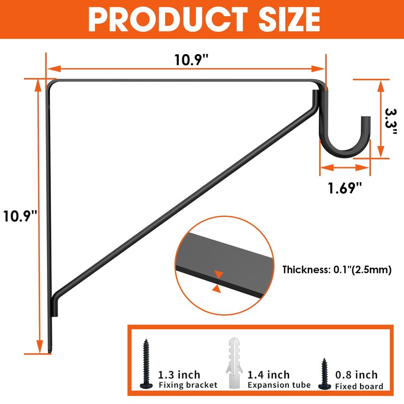 Pisman Closet Rod Bracket Black 10" 2PCS,Heavy Duty Shelf Brackets