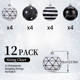 SHareconn 12ct 3.15 Inch Christmas Tree Balls Ornaments, Colored Shatterproof Plastic Decorative Baubles for Xmas Tree Decor Holiday Party Wedding Decoration (Black & White, 80mm)