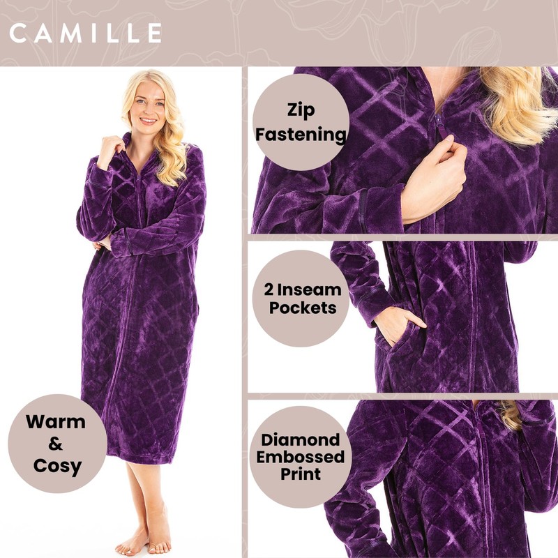 Camille Women's Super Soft Fleece Housecoat - Diamond Emboss Luxury