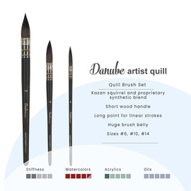 Creative Mark Danube Professional Watercolor Quill Brushes Set of 3 - #6, #10, #14 - Kazan Squirrel and Synthetic Hair Watercolor Brushes for Painting