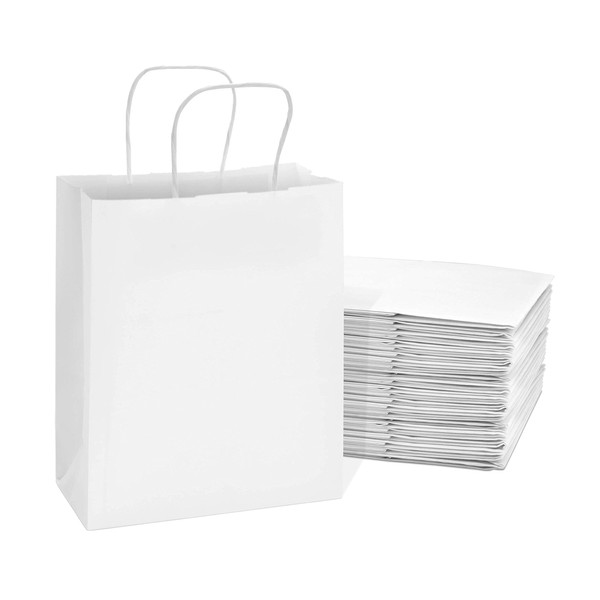 White Gift Bags with Handles - 8x4x10 Inch 25 Pack Small Kraft Paper Shopping Bags, Craft Totes in Bulk for Boutiques, Small Business, Retail Stores, Birthdays, Party Favors, Jewelry, Merchandise