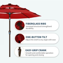 PatioKingdom 9FT 3 Tiers Patio Umbrella,Outdoor Table Market Umbrella with 8 Fiberglass Ribs for Pool,Deck, Garden,Backyard,Red
