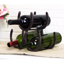 Ebros Gift Large Cast Iron Rustic Farmhouse Stacked Horseshoes 3 Bottles Wine Holder Racks