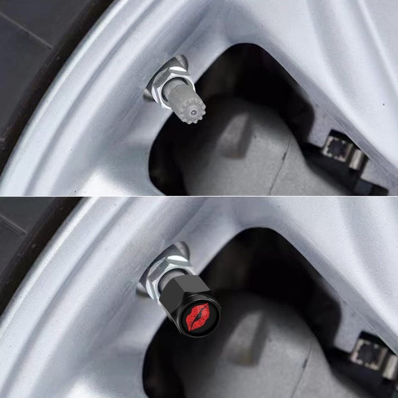 Muishi Red Lips Tire Valve Stem Caps, Aluminum Black Stem