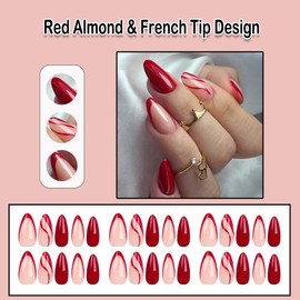 ANDGING French Tip Press on Nails Red Short Almond Fake Nails with Glue Acrylic Curved Glue on Nails with Designs Gel Classy Manicure False Nail for Women Girls Stick ons Nails for Wedding Birthday