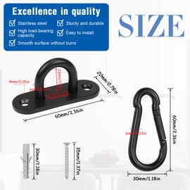 Rierousy Set of 4 Stainless Steel Eye Plates, Black Eye Plate with M6 Carabiner Hook, Eye Plate 6 cm - 80 kg, Eye Plate Heavy Duty for Wall Mounting, Ceiling Mounting, Eye Plate with Eyelet